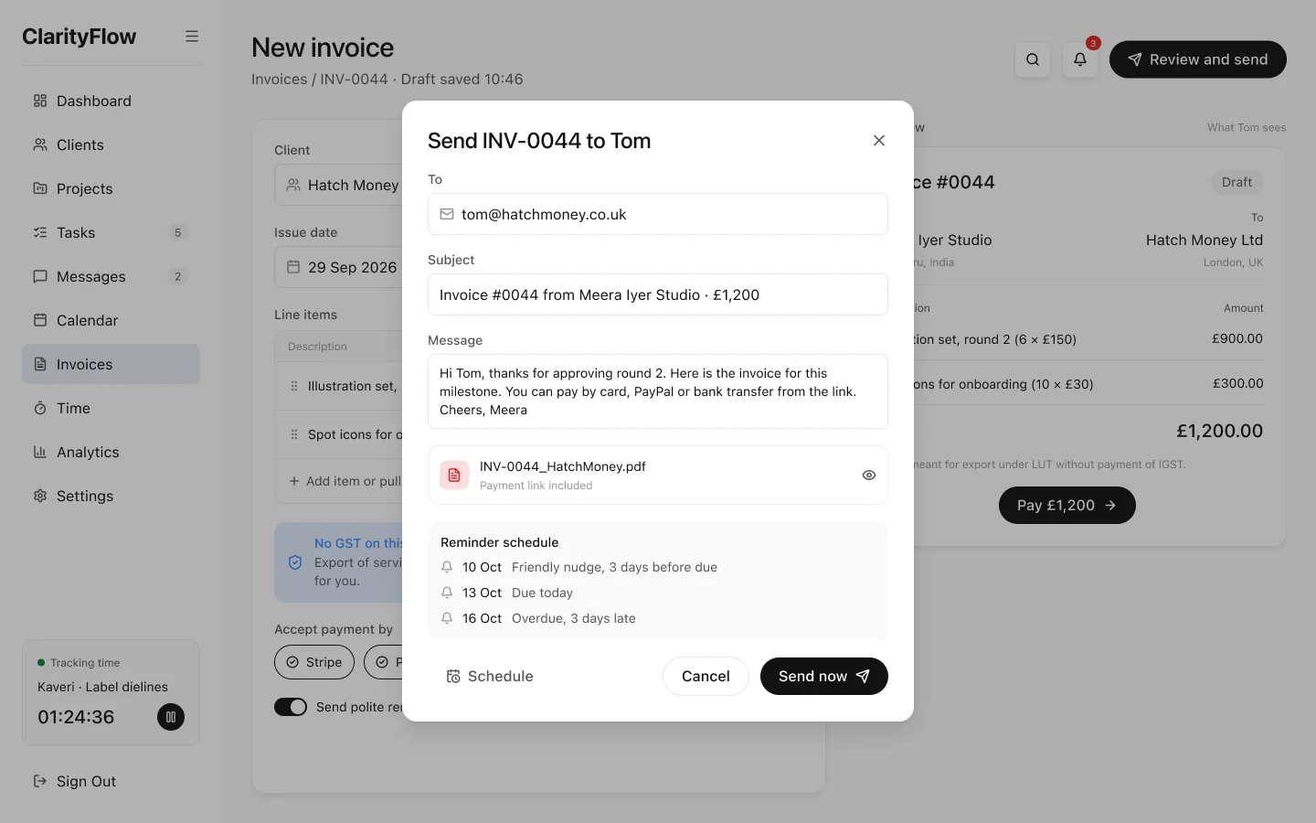 Sending the invoice with its reminder schedule before, on and after the due date