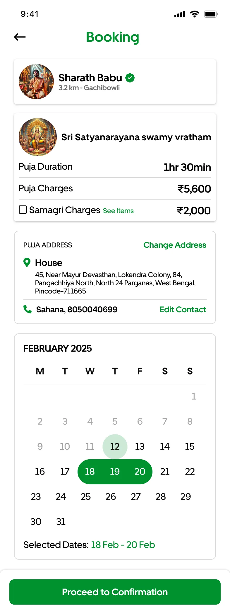 Booking a puja with a date range selected on the calendar