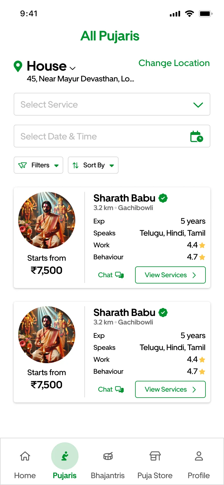 Deepam family app listing nearby pujaris with distance, experience, languages, ratings and starting price