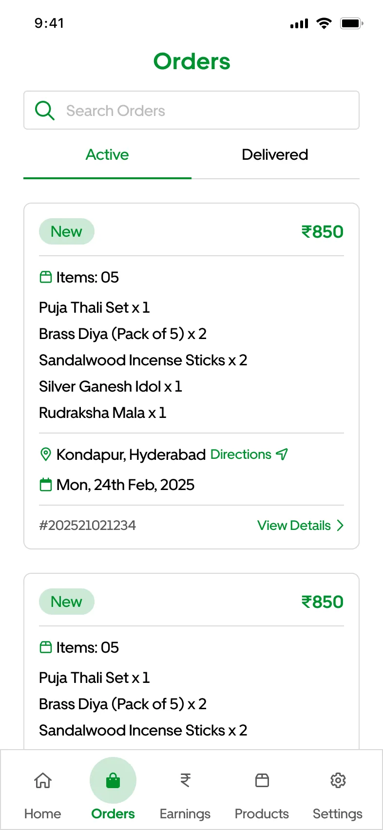 Store orders with items, address and delivery date