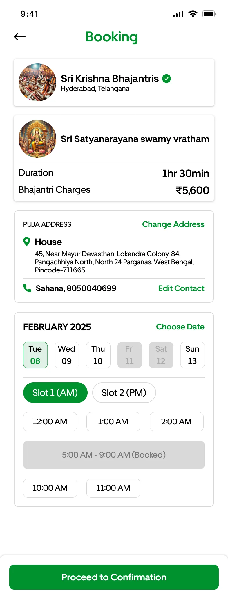 Bhajan band booking with one slot shown as already booked
