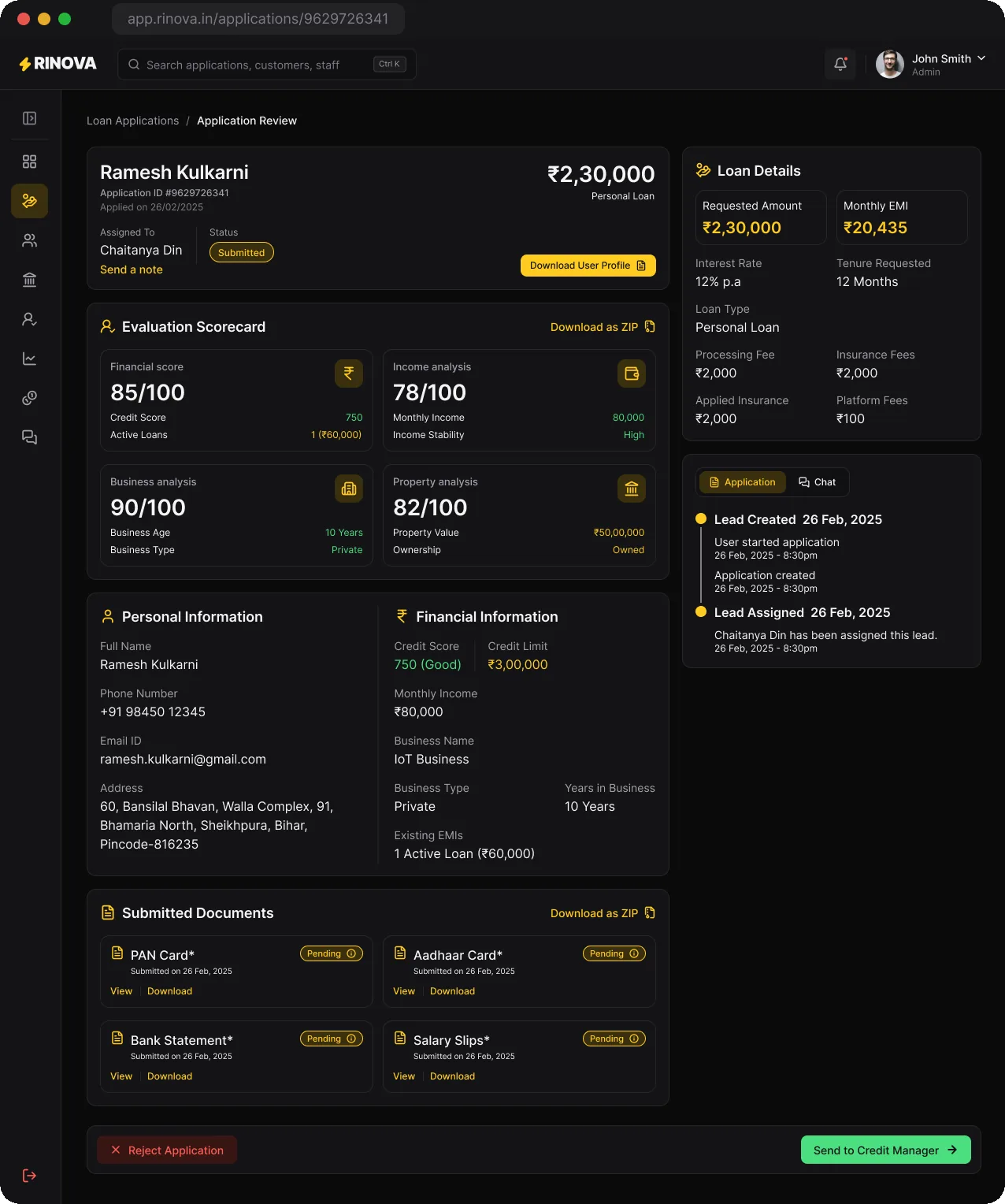 Rinova application review screen after the audit, with loan terms first and one row of outcomes
