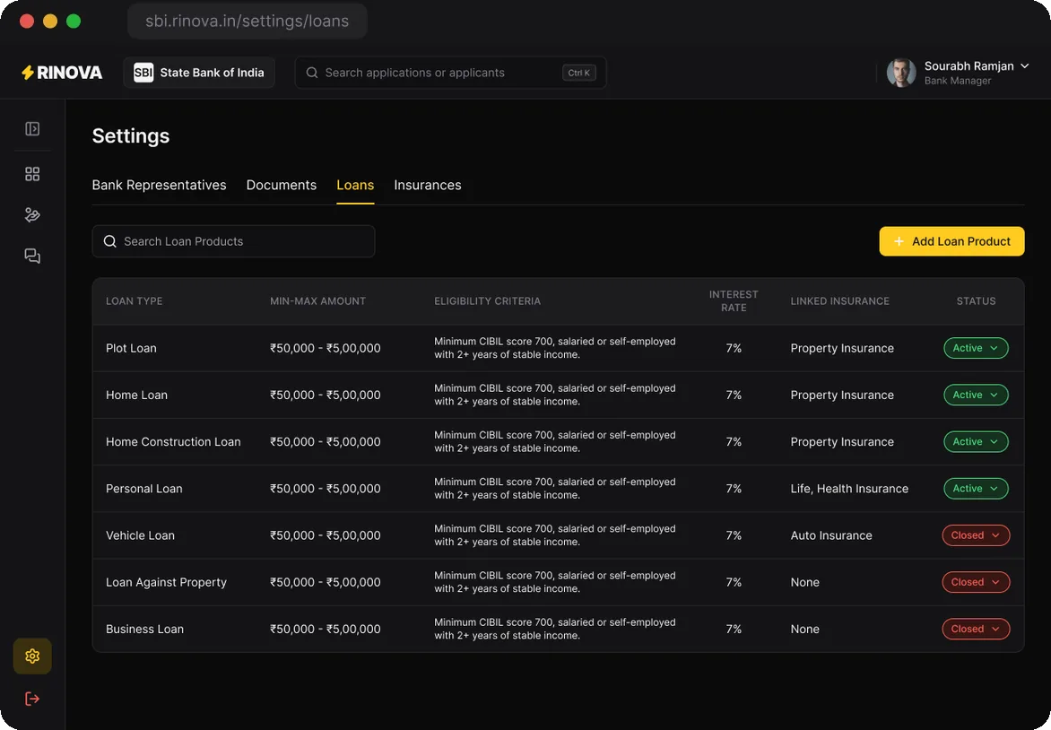 The bank's loan product settings