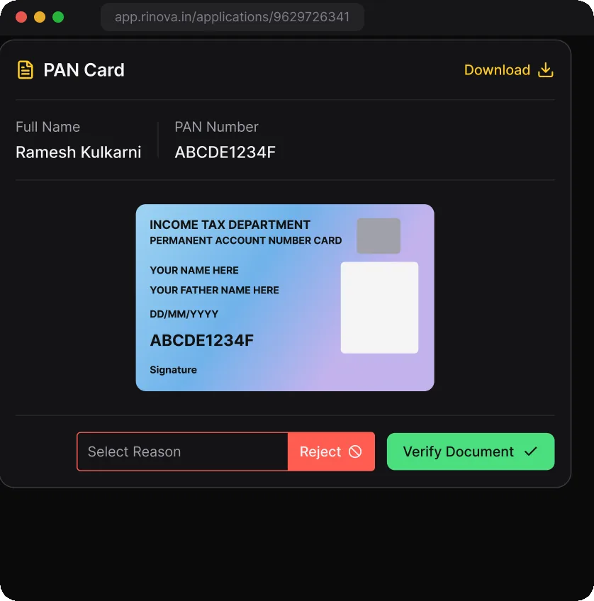 A PAN card opened beside the applicant's details with reject and verify buttons