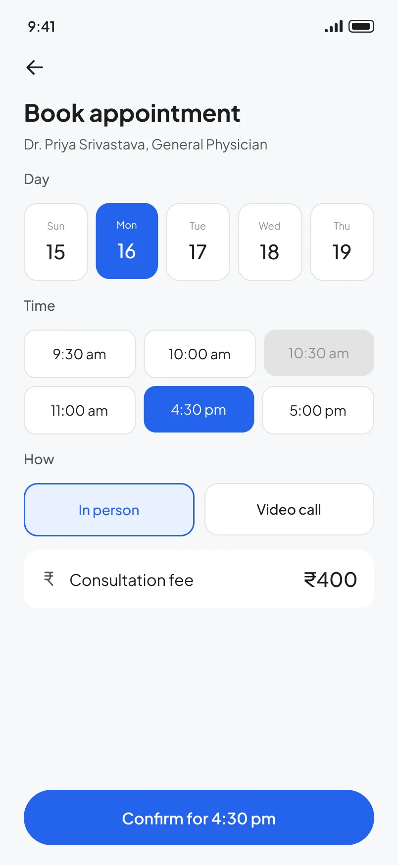 Book an appointment: day, time, in person or video, and the fee