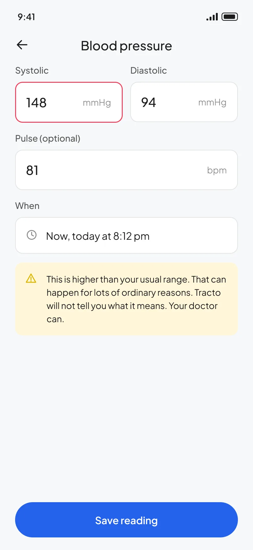 Blood pressure entry of 148 over 94 with a note that it is above the usual range and Tracto will not say what it means