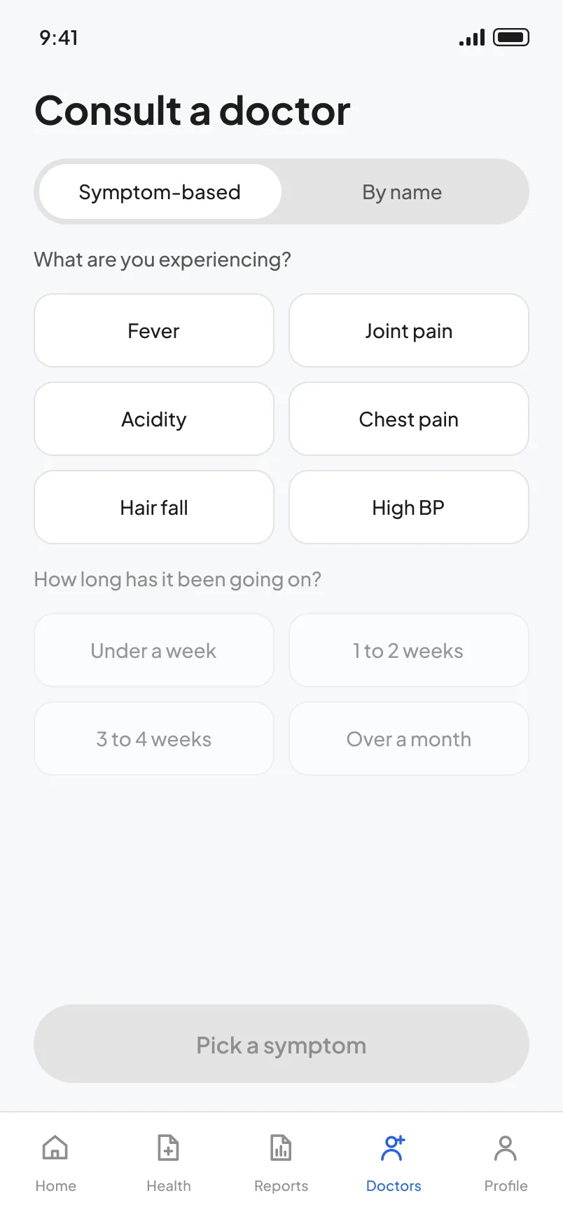 Consult a doctor, symptom-based, with symptom chips