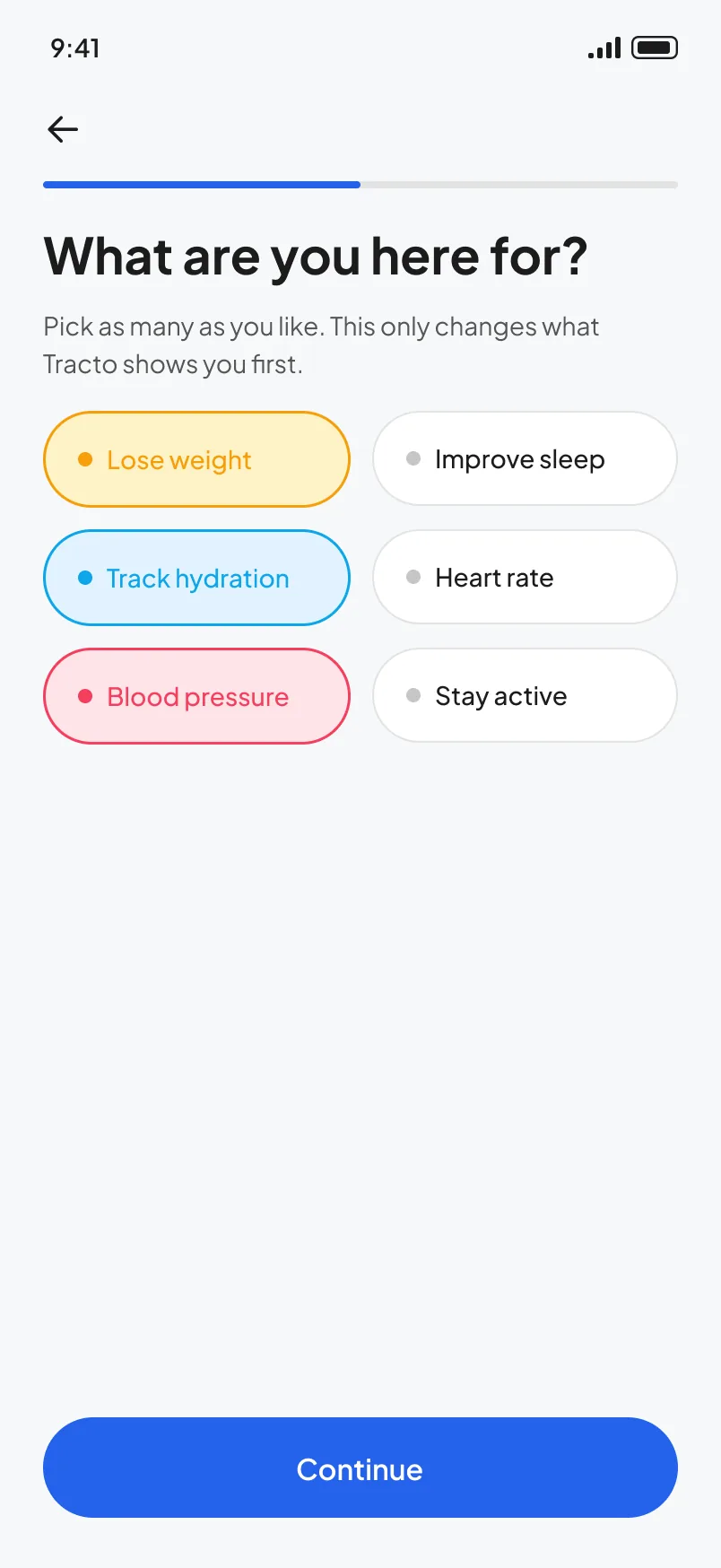 Onboarding: what are you here for, with goals selected