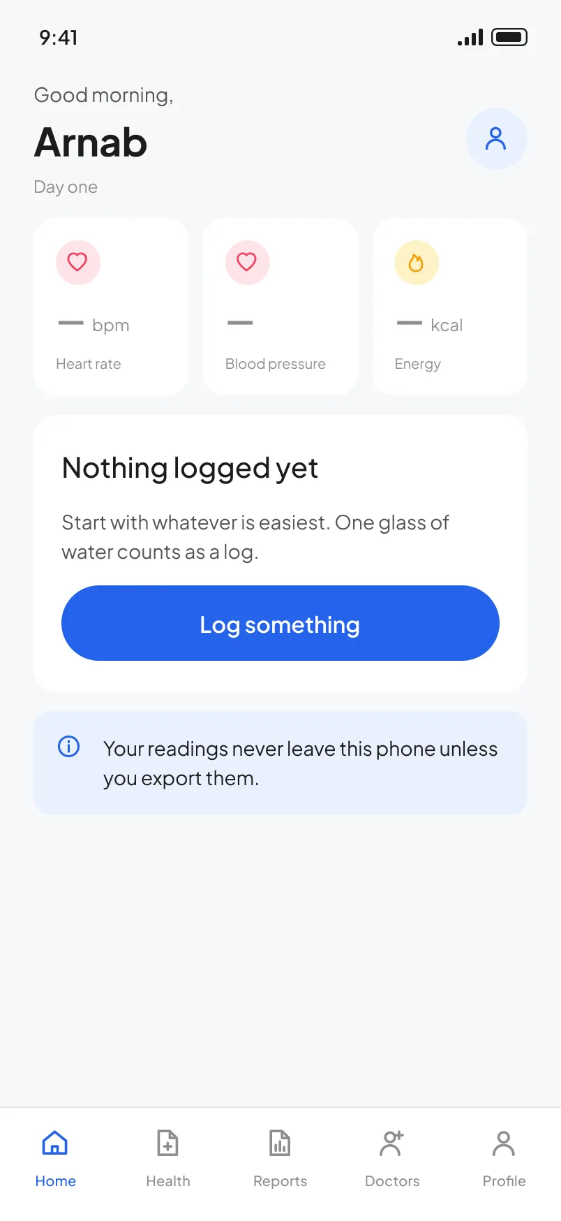 Tracto home on day one with nothing logged and a note that readings stay on the phone