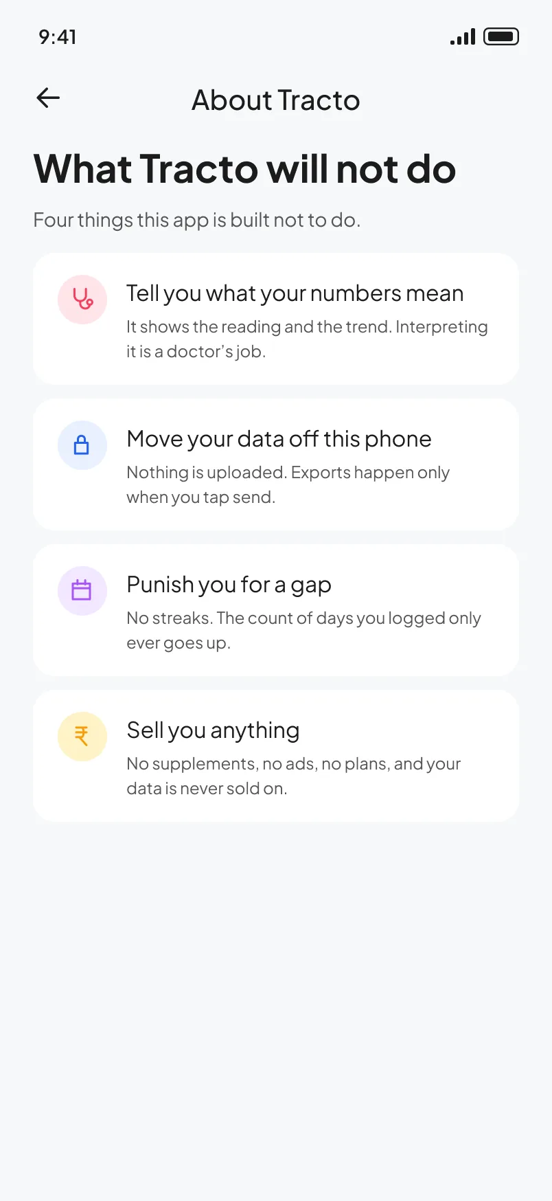 The About Tracto screen listing the four things the app will not do